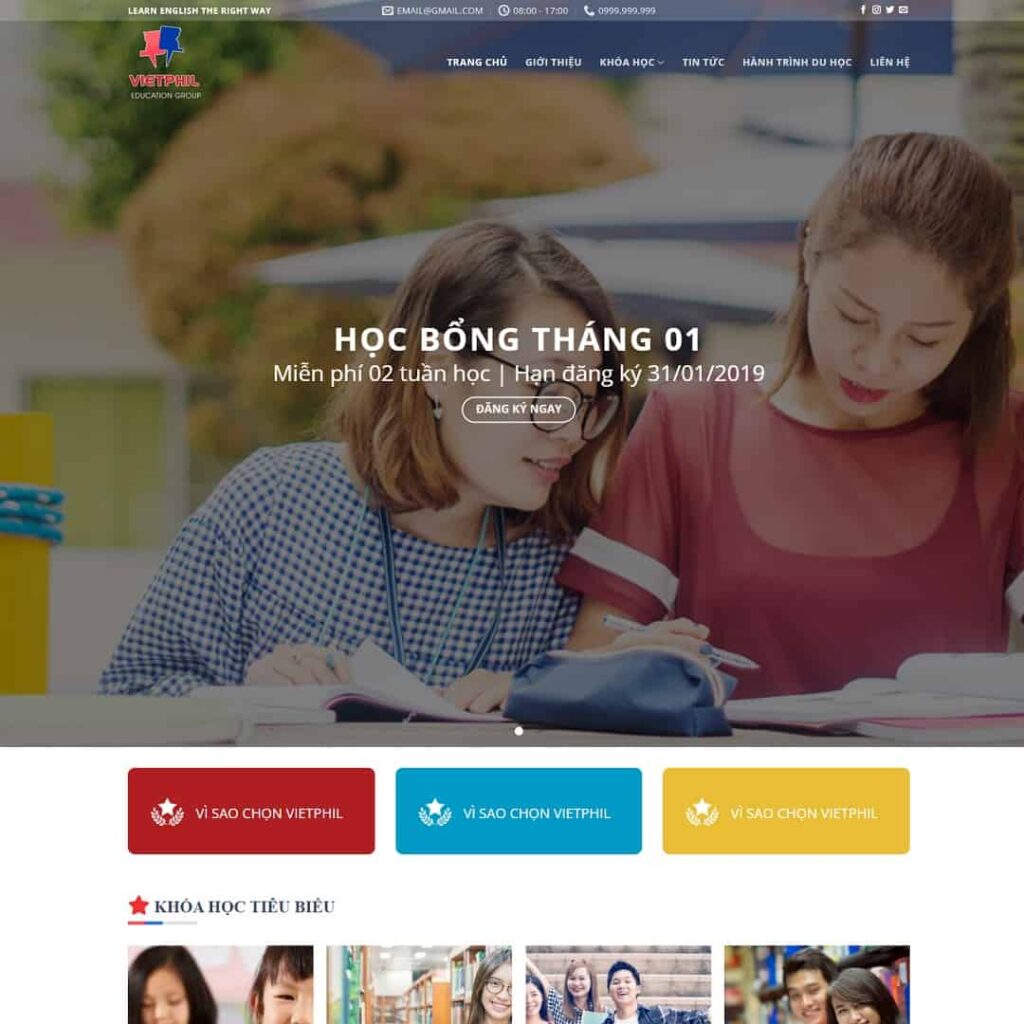 Mẫu web trung tâm đào tạo Anh ngữ du học Chuẩn SEO 23 mẫu theme Website edu 6 trường học chuẩn SEO trang chủ