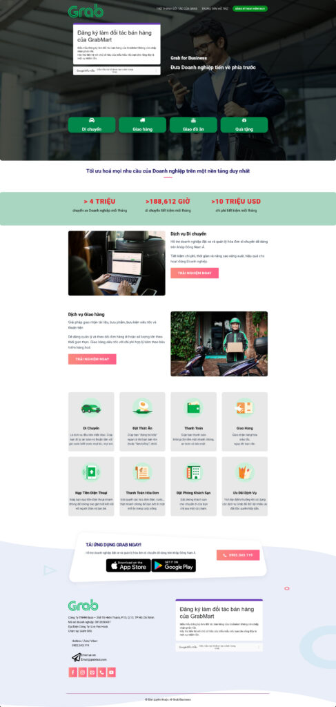 Mẫu theme Website Grab chuẩn SEO 10 Giao diện trang chủ mẫu theme Website Grab chuẩn SEO với bản đồ trực quan và form đặt xe nhanh chóng trên nền tảng di động.