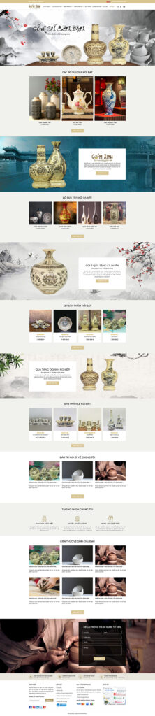 Mẫu theme Website gốm sứ chuẩn SEO 28 Giao diện trang chủ Mẫu theme Website gốm sứ chuẩn SEO với tông màu trầm ấm nghệ thuật và bình gốm 3D