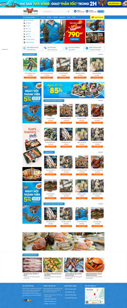 Mẫu theme Website bán hải sản chuẩn SEO 12 Giao diện trang chủ Mẫu theme Website bán hải sản chuẩn SEO với hình ảnh tôm hùm tươi sống và hiệu ứng nước động