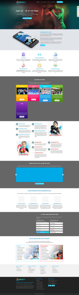 Mẫu theme Website học võ thuật chuẩn SEO 16 Giao diện trang chủ Mẫu theme Website học võ thuật chuẩn SEO với hình ảnh võ sinh tập luyện đầy khí thế
