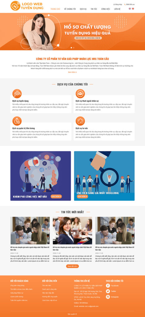 Mẫu theme web tuyển dụng 3 chuẩn SEO 4 Hình ảnh demo giao diện trang chủ Mẫu theme web tuyển dụng 3 chuẩn SEO với thanh tìm kiếm việc làm nổi bật và video văn hóa doanh nghiệp