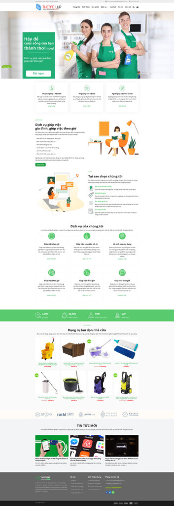 Mẫu theme web dịch vụ vệ sinh 3 chuẩn SEO 4 Hình ảnh demo Mẫu theme web dịch vụ vệ sinh 3 chuẩn SEO với giao diện trang chủ hiện đại, tông màu xanh trắng chủ đạo