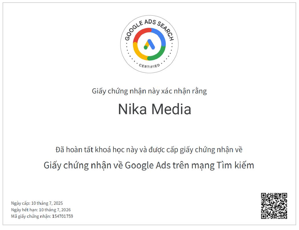 giấy chứng nhận hoàn thành khóa đào tạo Google ads