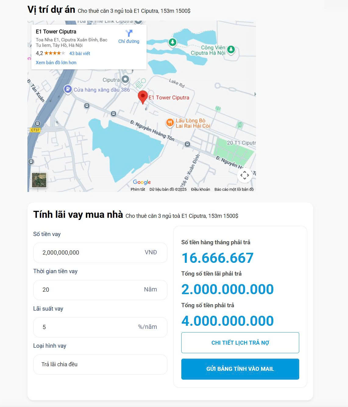 Tính năng tính lãi vay mua nhà và bản đồ vị trí trong thiết kế website Zhomes lĩnh vực Bất Động Sản.