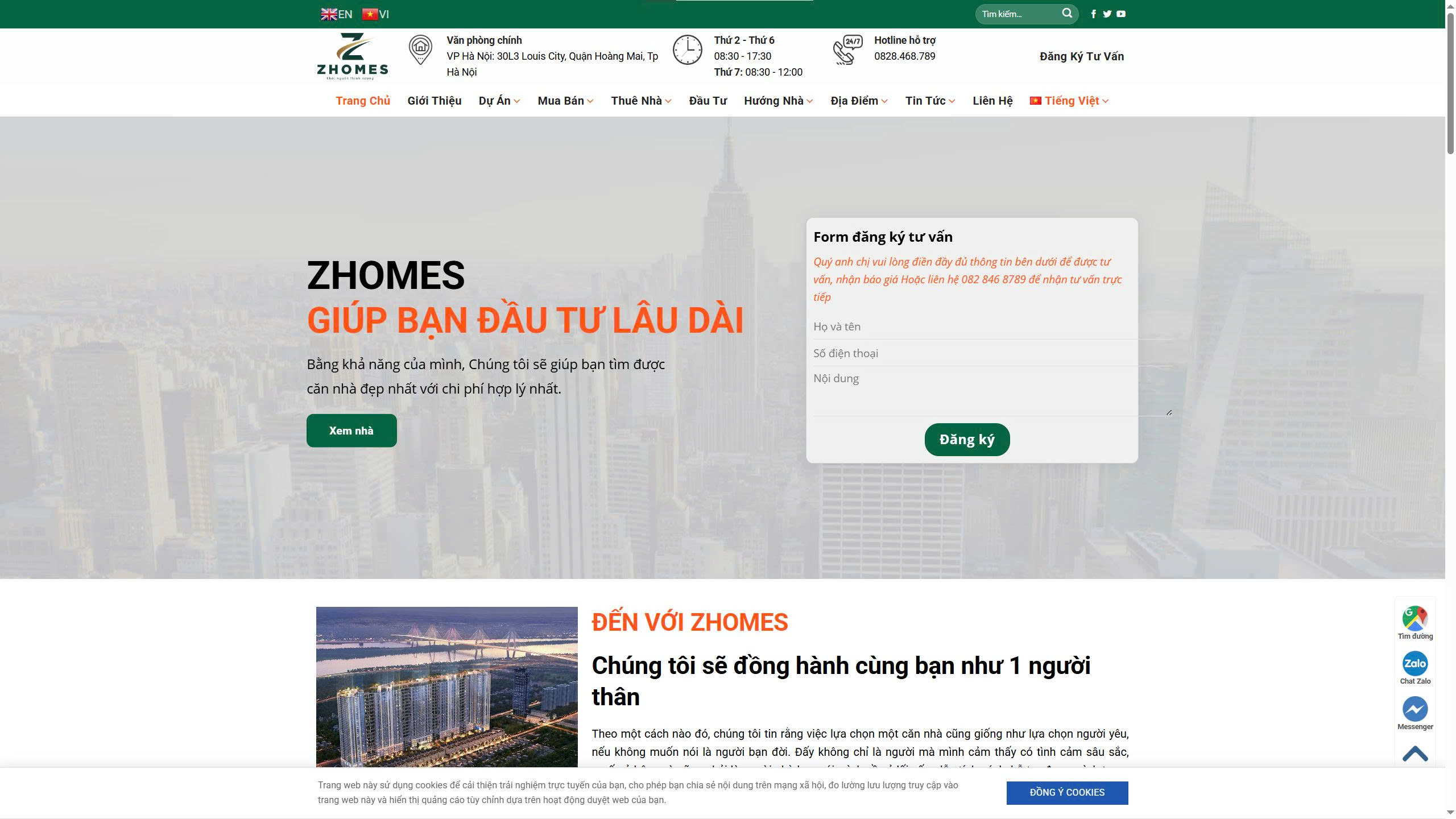 Thiết kế website Zhomes lĩnh vực Bất Động Sản với giao diện trang chủ hiện đại.