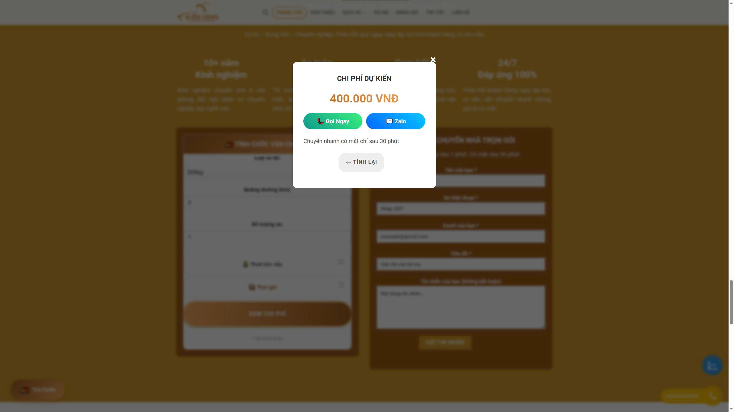 Kết quả tính năng tính cước tích hợp nút liên hệ ngay