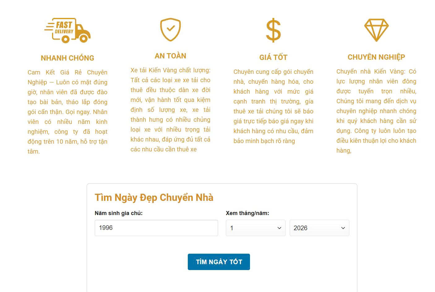 Giao diện chức năng xem ngày tốt xấu trên website vận chuyển kiến vàng