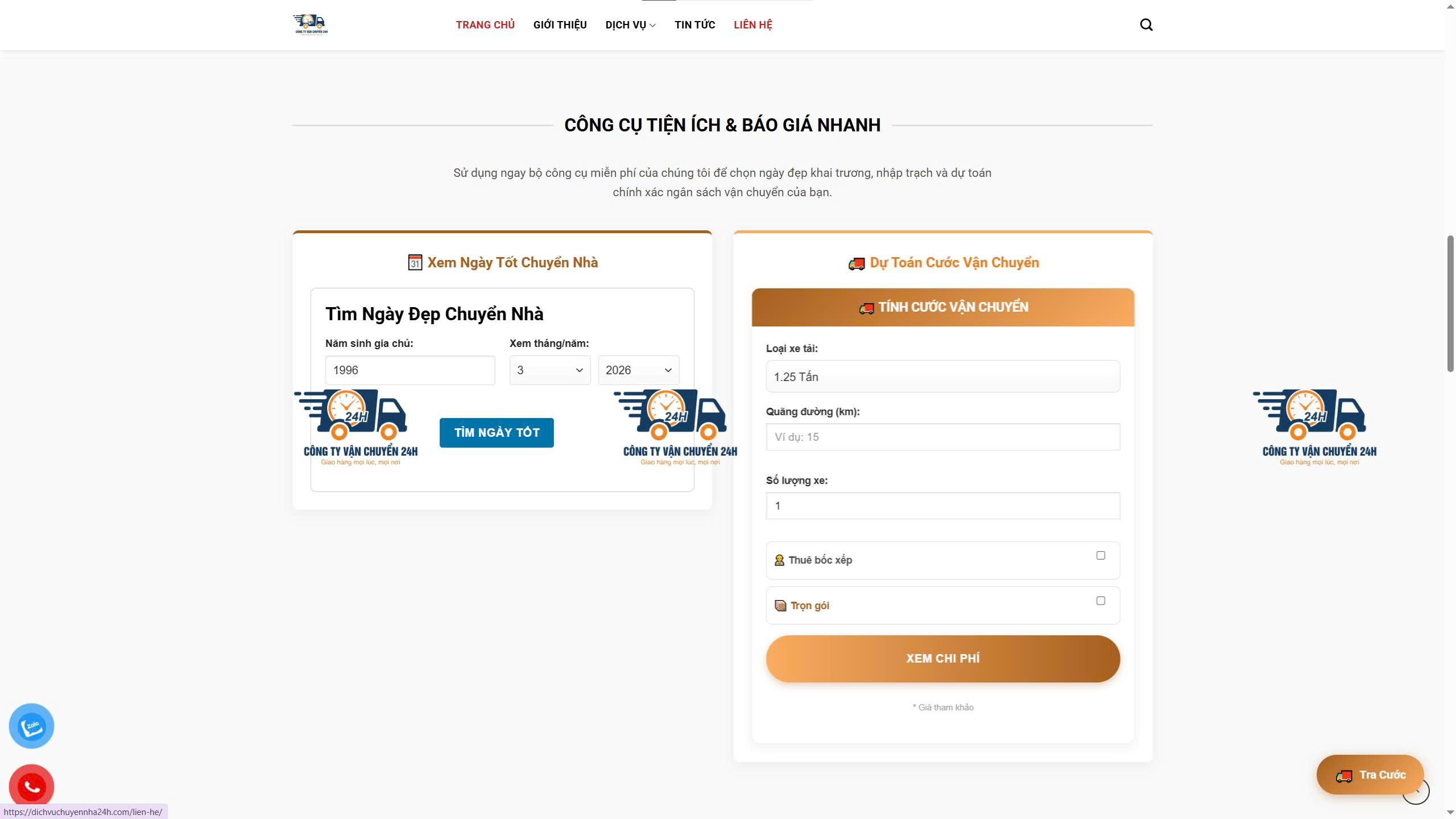 Thiết Kế Website Dịch Vụ Chuyển Nhà Chuyên Nghiệp Tích Hợp Tính Cước & Chọn Ngày Đẹp 10 Chức năng tra cứu ngày đẹp và chức năng tính cước tích hợp liên hệ