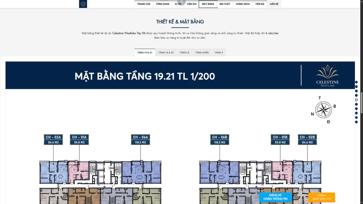 Dịch Vụ Thiết Kế Website Bất Động Sản: Case Study Dự Án Celestine Tây Hồ 12 Thông tin đầy đủ bảng mặt bằng tầng hiển thị thuận tiện